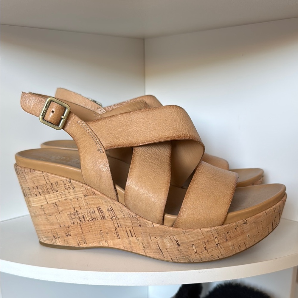 Kork-Ease Tan Wedge Sandals with Cork Sole and Ankle Strap